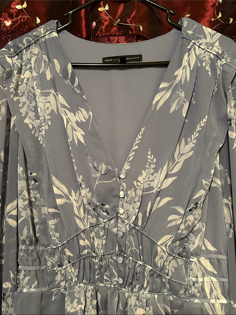 White House Black Market Light Blue Floral V-Neck Peplum Blouse - Picture 3 of 15